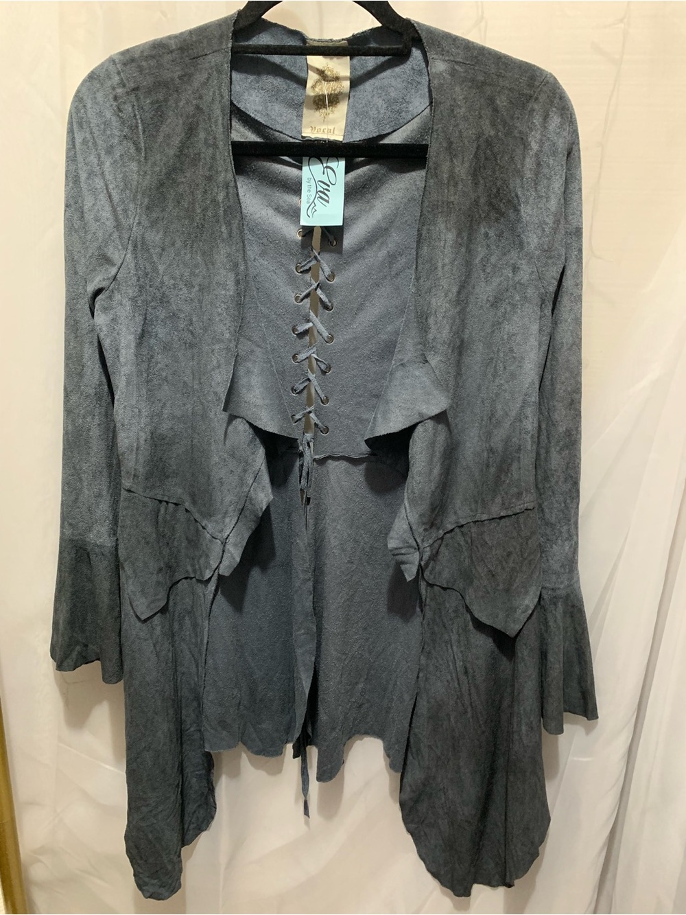 Vocal Blue Faux Suede Open Cardigan
